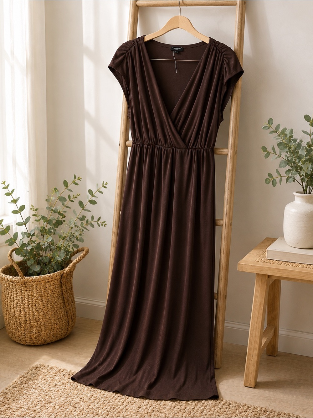 Talbots Brown Maxi Dress Cap Sleeve Faux Wrap Stretch Empire Waist Women’s